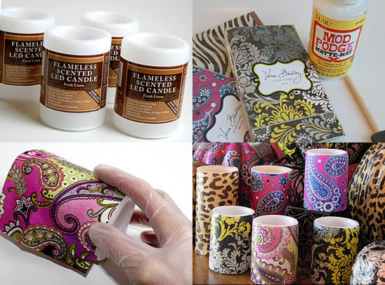 Dollar store craft: Designer decoupaged candles using Vera Bradley napkins and candles from the dollar store