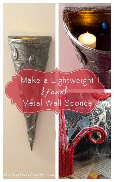 DIY Wall Sconce - Love the look of a fancy wall sconce, but don't think you have the decor budget to get one?  Think again! This lovely faux DIY wall sconce can be used to hold seasonal silk branches or with a built in shelf, a night light with battery operated candles.  Or any other lightweight items you can fit into it!