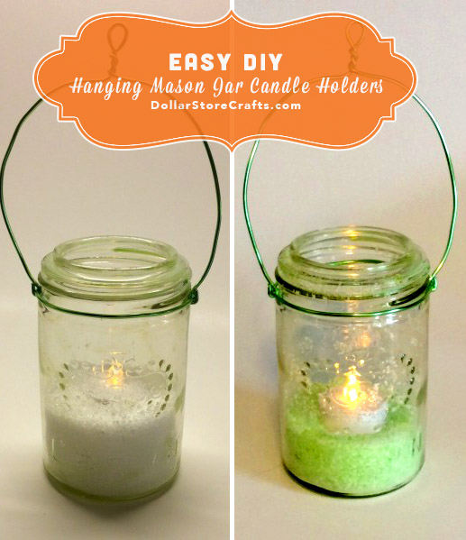 DIY Hanging Mason Jar Candle Holders - These glass jars have been rigged with wire hangers, giving them a lantern-like quality. Imagine how lovely our patio would look with a bunch of these hanging all around!