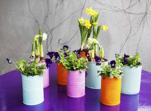 painted recycled can planters