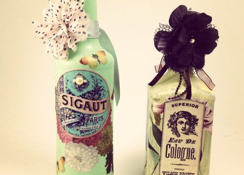 Decoupage recycled bottles with Martha Stewart