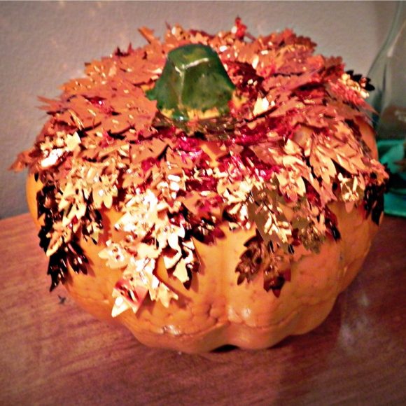 flaky gold and copper leaf covered pumpkin