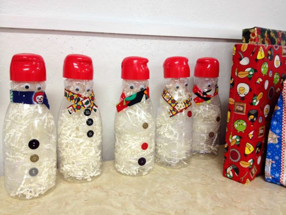 Recycled Coffee-mate bottle snowman craft