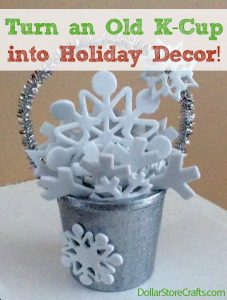 We have been asked by many folks for more craft ideas that use recycled K-cups. Here's one that is a great last-minute holiday project: a bucket of snow! These would be great for use as Christmas tree ornaments, as place card holders, or as embellishments for your gift wrapping.