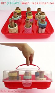 Make a DIY washi tape organizer from a cupcake carrier and free coin rolls from the bank.