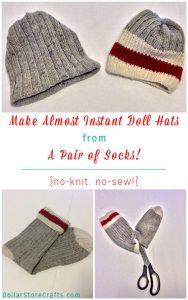 Can't knit or crochet but need a cute cap for a doll, snowman, or other craft project? If you have a sock, rubber band or twist ties, scissors and hot glue, you're good to go!