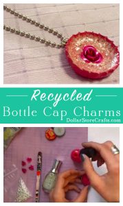 Enameled Bottle Cap Charms - Recycle bottle caps into "enameled" charms or pendants! All it takes is a bottle cap, some nail polish, and some small embellishments.