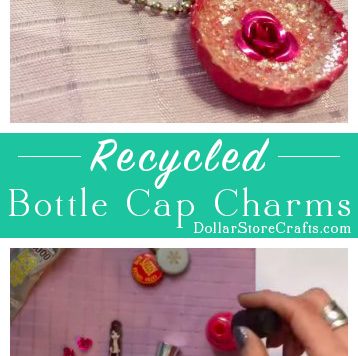 Enameled Bottle Cap Charms - Recycle bottle caps into "enameled" charms or pendants! All it takes is a bottle cap, some nail polish, and some small embellishments.
