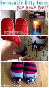 Give your shoes a temporary kitty makeover! Heather used electrical tape to make adorable cat faces on the toes of a pair of plain flats to dress them up. This is a great way to add a little bit of fun to your outfit, while still leaving your favorite flats wearable for other occasions. When you're done, simply peel off the tape and the shoes go back to their original state.