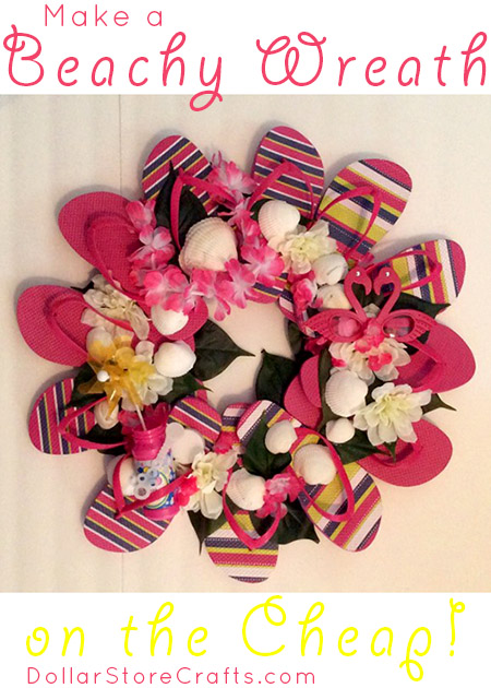 One of our favorite flip flop crafts is the flip flop wreath, and now that summer stuff is back on the shelves it's the perfect time to make one!  Here is my version of the flip flop wreath, embellished with fake flowers and some other summery items.