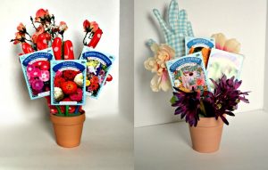 Make a gardening-themed flower arrangement from dollar store stuff